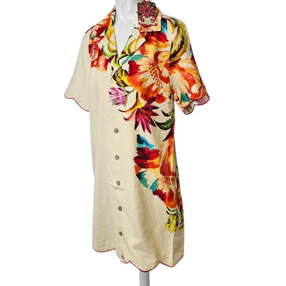 Farm Rio x Anthropologie Scalloped Shirt Dress, Linen Blend, Floral, Resort, M - Picture 10 of 11